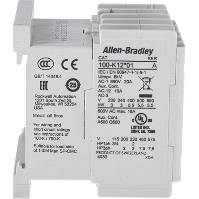 Allen Bradley 100K Series Contactor, 24 V dc Coil, 3-Pole, 12 A, 5.5 kW, 3NO, 690 V ac