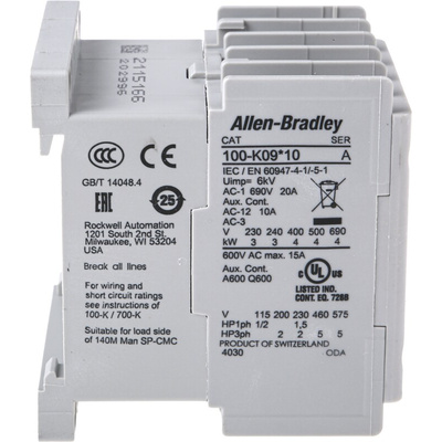 Allen Bradley 100K Series Contactor, 24 V dc Coil, 3-Pole, 9 A, 4 kW, 3NO, 690 V ac