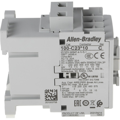 Allen Bradley 100C Series Contactor, 230 V ac Coil, 3-Pole, 23 A, 11 kW, 3NO, 690 V ac