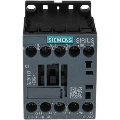 Siemens 3RT2 Series Contactor, 24 V dc Coil, 3-Pole, 7 A, 3 kW, 3NO, 400 V ac