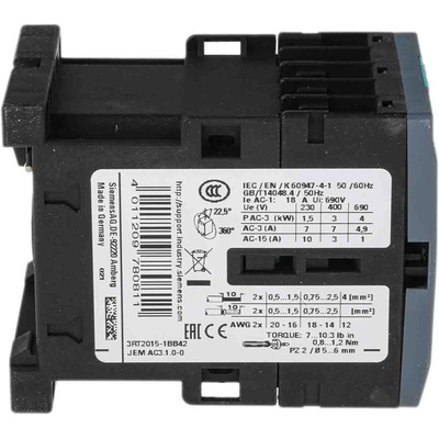 Siemens 3RT2 Series Contactor, 24 V dc Coil, 3-Pole, 7 A, 3 kW, 3NO, 400 V ac