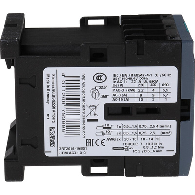 Siemens 3RT2 Series Contactor, 24 V ac Coil, 3-Pole, 9 A, 4 kW, 3NO, 400 V ac