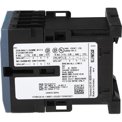 Siemens 3RT2 Series Contactor, 24 V ac Coil, 3-Pole, 9 A, 4 kW, 3NO, 400 V ac