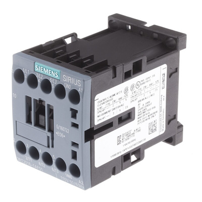 Siemens 3RT2 Series Contactor, 110 V ac Coil, 3-Pole, 9 A, 4 kW, 3NO, 400 V ac