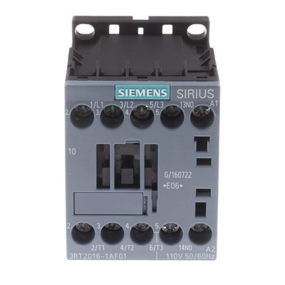 Siemens 3RT2 Series Contactor, 110 V ac Coil, 3-Pole, 9 A, 4 kW, 3NO, 400 V ac