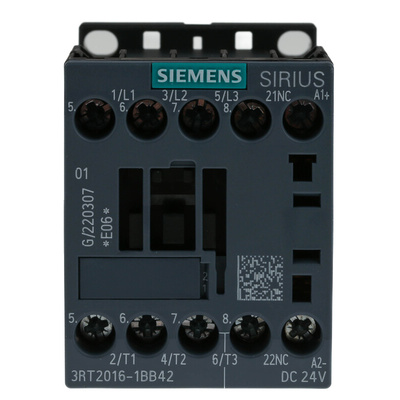 Siemens 3RT2 Series Contactor, 24 V dc Coil, 3-Pole, 9 A, 4 kW, 3NO, 400 V ac