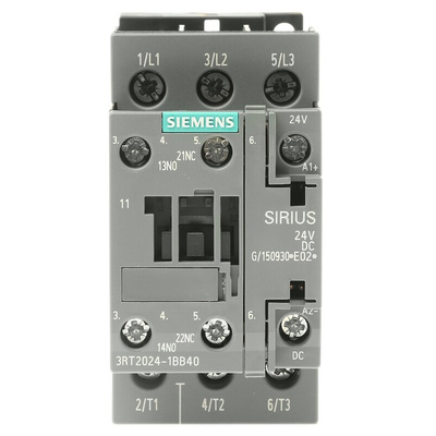 Siemens 3RT2 Series Contactor, 24 V dc Coil, 3-Pole, 12 A, 5.5 kW, 3NO, 400 V ac