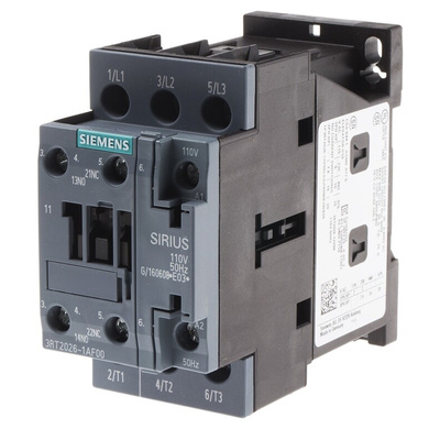 Siemens 3RT2 Series Contactor, 110 V ac Coil, 3-Pole, 25 A, 11 kW, 3NO, 400 V ac