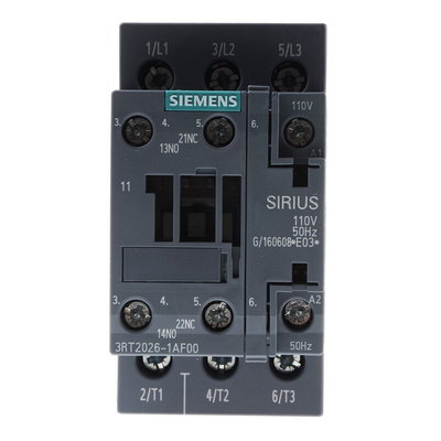 Siemens 3RT2 Series Contactor, 110 V ac Coil, 3-Pole, 25 A, 11 kW, 3NO, 400 V ac