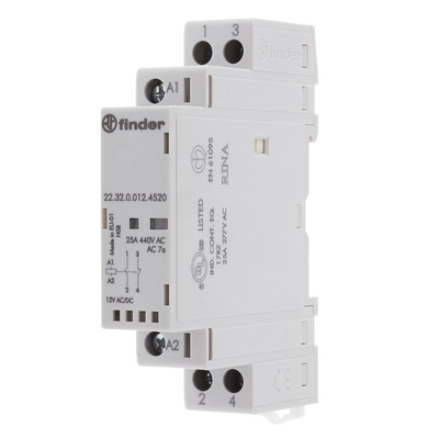 Finder 22 Series Series Contactor, 12 V dc Coil, 2-Pole, 25 A, 1NO + 1NC, 250 V ac, 440 V ac
