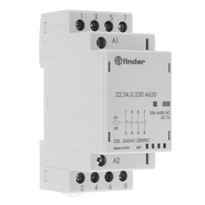 Finder 22 Series Series Contactor, 230 V ac Coil, 4-Pole, 25 A, 4 kW, 2NO + 2NC, 250 V ac, 440 V ac