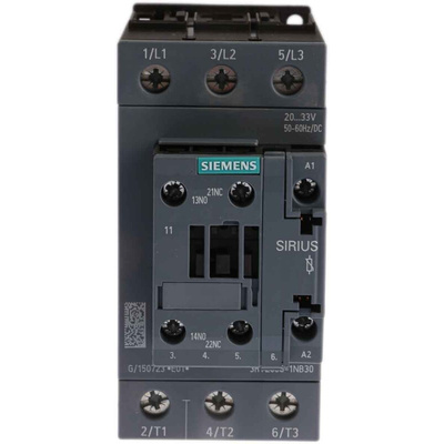 Siemens 3RT2 Series Contactor, 24 V ac/dc Coil, 3-Pole, 50 A, 22 kW, 3NO, 400 V ac