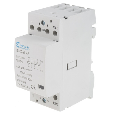 Europa Contactor, 230 V ac Coil, 4-Pole, 25 A, 4 kW, 4NO, 400 V ac