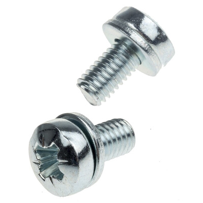 RS PRO M6 x 12 mmmm Zinc Plated Steel Pan Head Sems Screw, Plain Washer