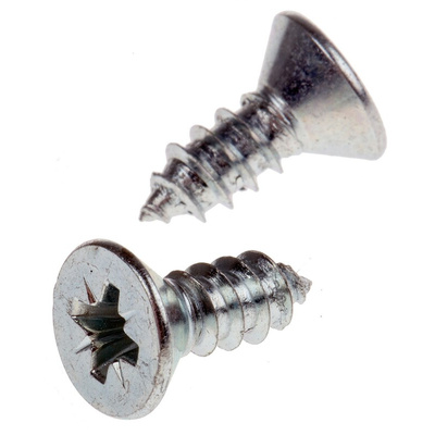 RS PRO Bright Zinc Plated, Clear Passivated Steel Countersunk Head Self Tapping Screw, N°10 x 1/2in Long 13mm Long