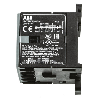 ABB B Series Contactor, 24 V ac Coil, 3-Pole, 9 A, 5.5 kW, 3NO, 690 V ac