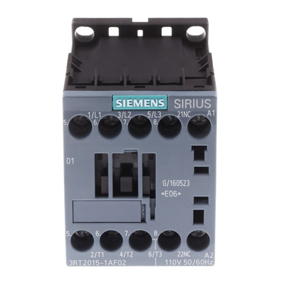 Siemens 3RT2 Series Contactor, 110 V ac Coil, 3-Pole, 7 A, 3 kW, 3NO, 400 V ac