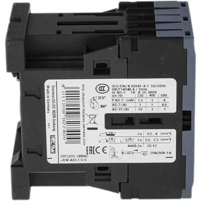 Siemens 3RT2 Series Contactor, 24 V dc Coil, 3-Pole, 7 A, 3 kW, 3NO, 400 V ac