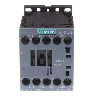 Siemens 3RT2 Series Contactor, 24 V ac Coil, 3-Pole, 9 A, 4 kW, 3NO, 400 V ac