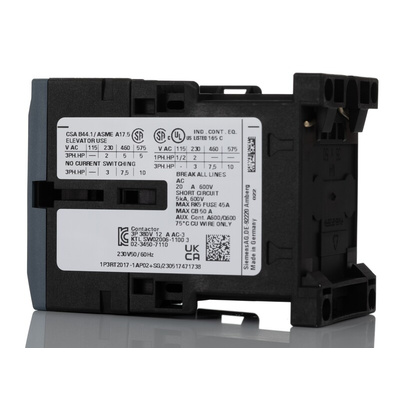 Siemens 3RT2 Series Contactor, 230 V ac Coil, 3-Pole, 12 A, 5.5 kW, 3NO, 400 V ac