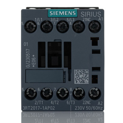 Siemens 3RT2 Series Contactor, 230 V ac Coil, 3-Pole, 12 A, 5.5 kW, 3NO, 400 V ac