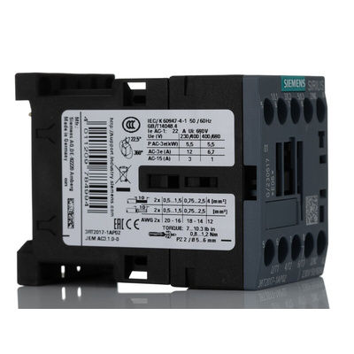 Siemens 3RT2 Series Contactor, 230 V ac Coil, 3-Pole, 12 A, 5.5 kW, 3NO, 400 V ac