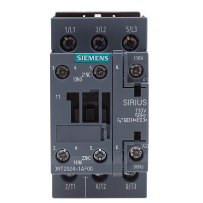 Siemens 3RT2 Series Contactor, 110 V ac Coil, 3-Pole, 12 A, 5.5 kW, 3NO, 400 V ac