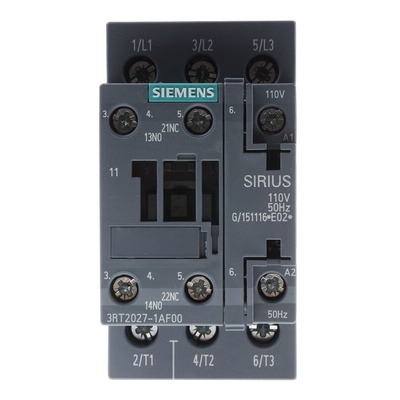 Siemens 3RT2 Series Contactor, 110 V ac Coil, 3-Pole, 32 A, 15 kW, 3NO, 400 V ac