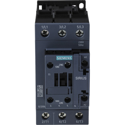 Siemens 3RT2 Series Contactor, 230 V ac Coil, 3-Pole, 50 A, 22 kW, 3NO, 400 V ac