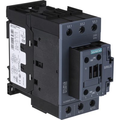 Siemens 3RT2 Series Contactor, 230 V ac Coil, 3-Pole, 50 A, 22 kW, 3NO, 400 V ac