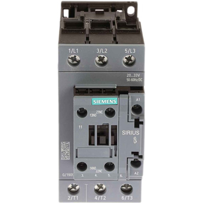 Siemens 3RT2 Series Contactor, 20 → 33 V ac/dc Coil, 3-Pole, 80 A, 37 kW, 3NO, 400 V ac