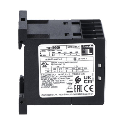 Lovato BG Series Contactor, 400 V ac Coil, 3-Pole, 9 A, 4 kW, 3NO + 1NO, 600 V ac