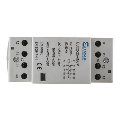 Europa Contactor, 230 V ac Coil, 4-Pole, 25 A, 4 kW, 4NC, 400 V ac