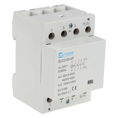 Europa Contactor, 230 V ac Coil, 4-Pole, 63 A, 40 kW, 4NO, 400 V ac