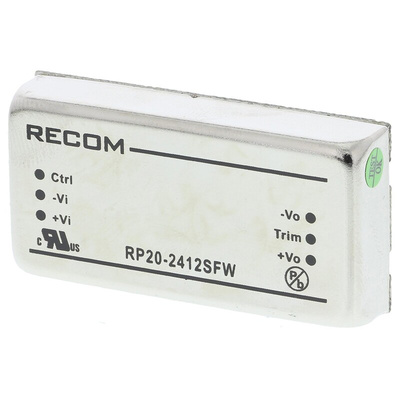 Recom RP20-FW DC-DC Converter, 12V dc/ 1.67A Output, 9 → 36 V dc Input, 20W, Through Hole, +105°C Max Temp -40°C