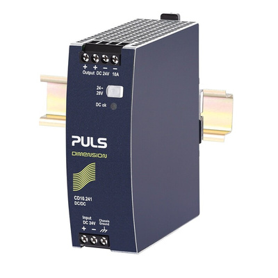 PULS CD DC-DC Converter, 24V dc/ 10A Output, 18 → 35 V dc Input, 240W, DIN Rail Mount, +70°C Max Temp -25°C Min