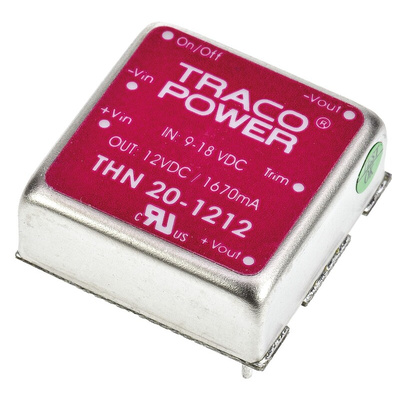 TRACOPOWER THN 20 DC-DC Converter, 12V dc/ 1.67A Output, 9 → 18 V dc Input, 20W, Through Hole, +85°C Max Temp