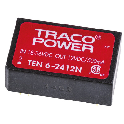 TRACOPOWER TEN 6N DC-DC Converter, 12V dc/ 500mA Output, 18 → 36 V dc Input, 6W, Through Hole, +85°C Max Temp