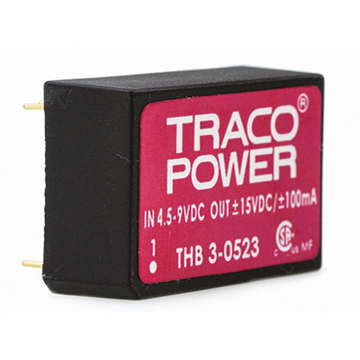 TRACOPOWER THB 3 DC-DC Converter, ±15V dc/ ±100mA Output, 4.5 → 9 V dc Input, 3W, Through Hole, +85°C Max Temp
