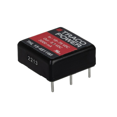 TRACOPOWER THL 15WI DC-DC Converter, 5V dc/ 3A Output, 18 → 75 V dc Input, 15W, Through Hole, +90°C Max Temp