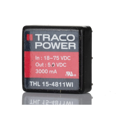 TRACOPOWER THL 15WI DC-DC Converter, 5V dc/ 3A Output, 18 → 75 V dc Input, 15W, Through Hole, +90°C Max Temp