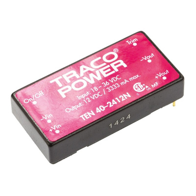 TRACOPOWER TEN 40N DC-DC Converter, 12V dc/ 3.33A Output, 18 → 36 V dc Input, 40W, Through Hole, +80°C Max Temp