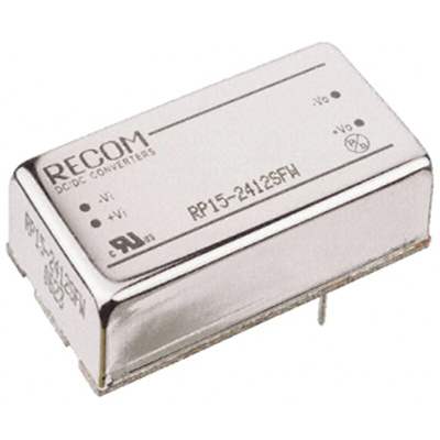 Recom RP15-FW DC-DC Converter, ±15V dc/ ±500mA Output, 18 → 75 V dc Input, 15W, Through Hole, +75°C Max Temp