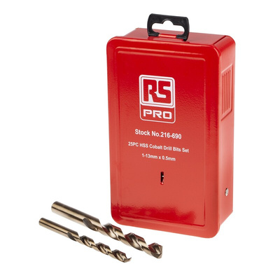 RS PRO 25-Piece Twist Drill Bit Set for Metal, 13mm Max, 1mm Min, HSS-E Cobalt Bits