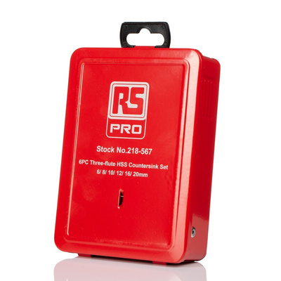 RS PRO HSS Countersink Drill Bit Set, 6.3 mm, 8.3 mm, 10.4 mm, 12.4 mm, 16.5 mm, 20.5 mm Head, 3 Flute(s), 90°, 6