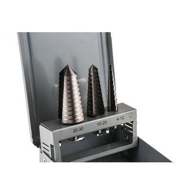 RS PRO 3-Piece Step Drill Bit Set for Metal, 30mm Max, 4mm Min, HSS Bits