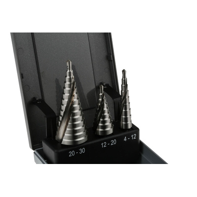 RS PRO 3-Piece Step Drill Bit Set for Metal, 30mm Max, 4mm Min, HSS Bits