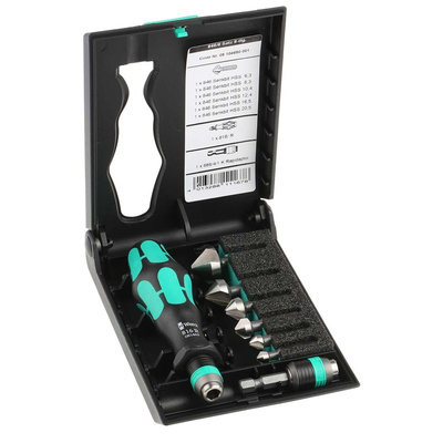 Wera Countersink Drill Bit Set, 6.3 mm, 8.3 mm, 10.4 mm, 12.4 mm, 16.5 mm, 20.5 mm Head, 3 Flute(s), 8 Piece(s)