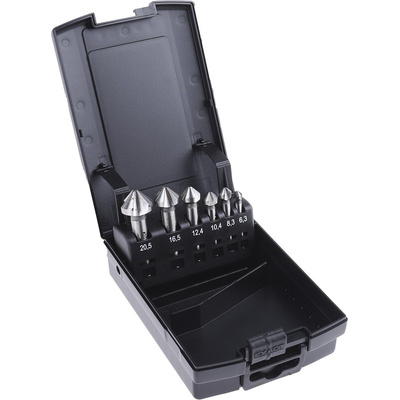 EXACT HSS Countersink Drill Bit Set, 6.3 mm, 8.3 mm, 10.4 mm, 12.4 mm, 16.5 mm, 20.5 mm Head, 3 Flute(s), 90°, 6