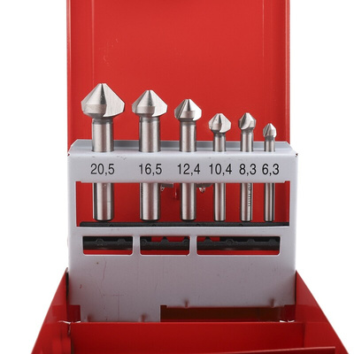 RS PRO HSS Countersink Drill Bit Set, 6.3 mm, 8.3 mm, 10.4 mm, 12.4 mm, 16.5 mm, 20.5 mm Head, 3 Flute(s), 90°, 6